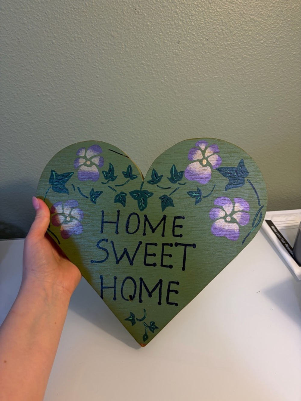 Heart-Shaped "Home Sweet Home" Wall Sign in Olive Green with Purple Flowers